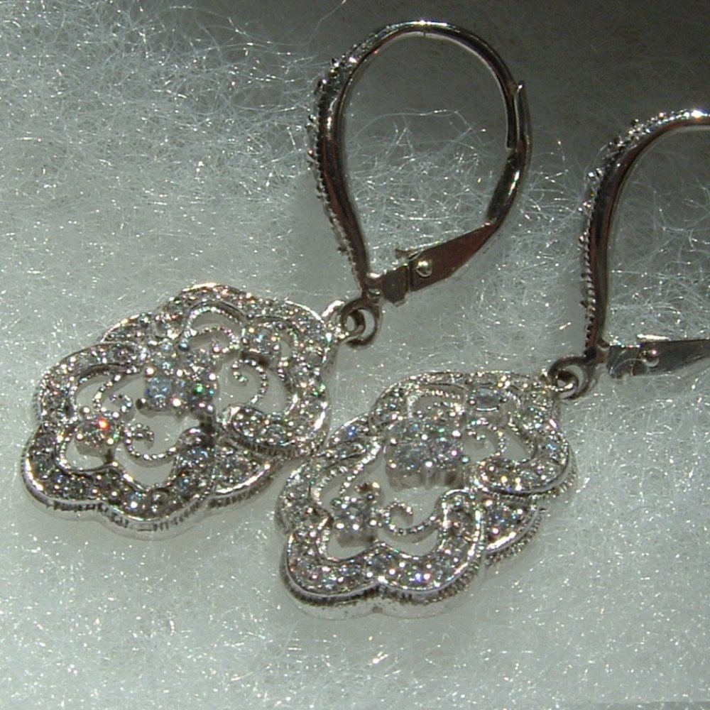 925 Sterling Silver CZ Diamonique Floral Earrings Retro Art Deco Style - Picture 11 of 14